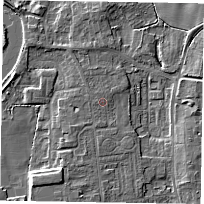 Shaded relief map of the ground around DN212TN, computed from Environment Agency LiDAR. The ground here sits at about 6 m above sea level and falls 8 m across the surrounding 800 m. Surface water reaching this point runs off ground lying to the south-west, 1.4 m higher.