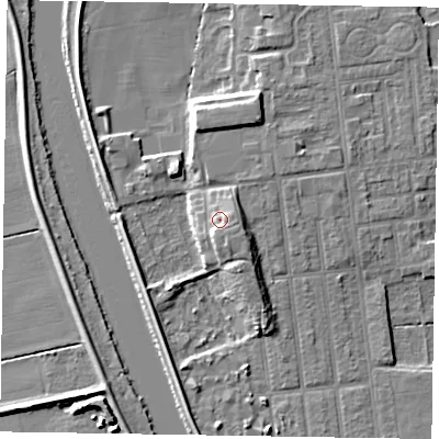 Shaded relief map of the ground around DN212UD, computed from Environment Agency LiDAR. The ground here sits at about 8 m above sea level and falls 8 m across the surrounding 800 m. Surface water reaching this point runs off ground lying to the south, 2.7 m higher.