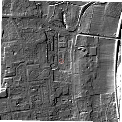 Shaded relief map of the ground around DN212UJ, computed from Environment Agency LiDAR. The ground here sits at about 3 m above sea level and falls 19 m across the surrounding 800 m. Surface water reaching this point runs off ground lying to the east-north-east, 5.3 m higher.