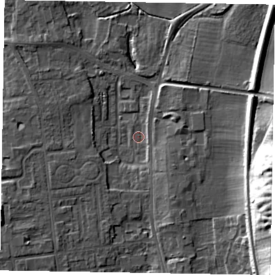 Shaded relief map of the ground around DN212UL, computed from Environment Agency LiDAR. The ground here sits at about 4 m above sea level and falls 26 m across the surrounding 800 m. Surface water reaching this point runs off ground lying to the east-north-east, 5.3 m higher.