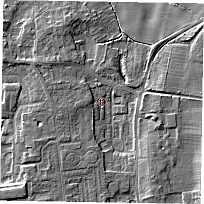 Shaded relief map of the ground around DN212WB, computed from Environment Agency LiDAR. The ground here sits at about 5 m above sea level and falls 8 m across the surrounding 800 m. Surface water reaching this point runs off ground lying to the east-south-east, 5.3 m higher.