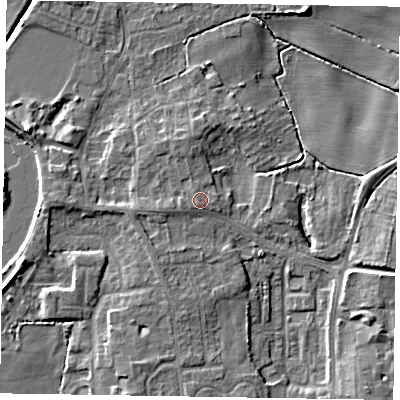 Shaded relief map of the ground around DN213AA, computed from Environment Agency LiDAR. The ground here sits at about 6 m above sea level and falls 7 m across the surrounding 800 m. Surface water reaching this point runs off ground lying to the west, 0.8 m higher.