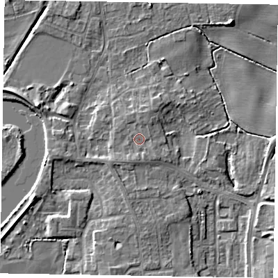 Shaded relief map of the ground around DN213AB, computed from Environment Agency LiDAR. The ground here sits at about 6 m above sea level and falls 7 m across the surrounding 800 m. Surface water reaching this point runs off ground lying to the south-east, 0.9 m higher.