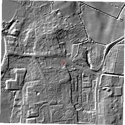 Shaded relief map of the ground around DN213AD, computed from Environment Agency LiDAR. The ground here sits at about 5 m above sea level and falls 7 m across the surrounding 800 m. Surface water reaching this point runs off ground lying to the west-north-west, 1.8 m higher.