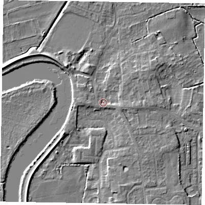 Shaded relief map of the ground around DN213AE, computed from Environment Agency LiDAR. The ground here sits at about 5 m above sea level and falls 6 m across the surrounding 800 m. Surface water reaching this point runs off ground lying to the east, 2.3 m higher.