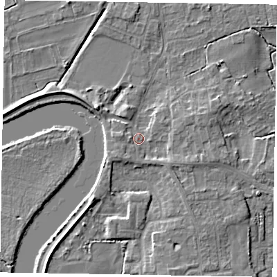 Shaded relief map of the ground around DN213AG, computed from Environment Agency LiDAR. The ground here sits at about 5 m above sea level and falls 6 m across the surrounding 800 m. Surface water reaching this point runs off ground lying to the east-south-east, 2.4 m higher.