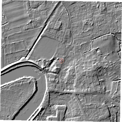 Shaded relief map of the ground around DN213AH, computed from Environment Agency LiDAR. The ground here sits at about 5 m above sea level and falls 6 m across the surrounding 800 m. Surface water reaching this point runs off ground lying to the south-east, 3.1 m higher.