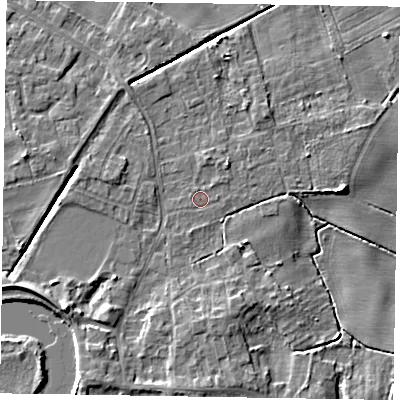 Shaded relief map of the ground around DN213AJ, computed from Environment Agency LiDAR. The ground here sits at about 4 m above sea level and falls 7 m across the surrounding 800 m. Surface water reaching this point runs off ground lying to the north-east, 0.7 m higher.