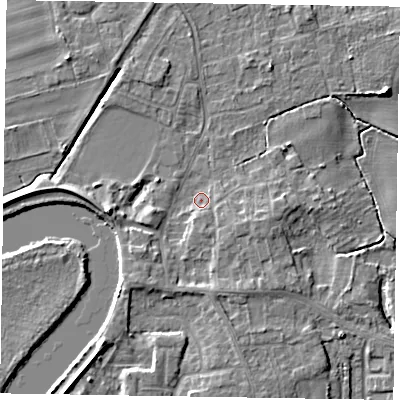 Shaded relief map of the ground around DN213AN, computed from Environment Agency LiDAR. The ground here sits at about 4 m above sea level and falls 6 m across the surrounding 800 m. Surface water reaching this point runs off ground lying to the south-south-east, 3.1 m higher.