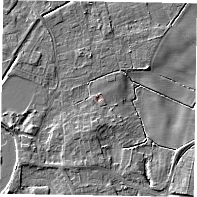Shaded relief map of the ground around DN213AP, computed from Environment Agency LiDAR. The ground here sits at about 4 m above sea level and falls 6 m across the surrounding 800 m. Surface water reaching this point runs off ground lying to the north-north-east, 1.7 m higher.