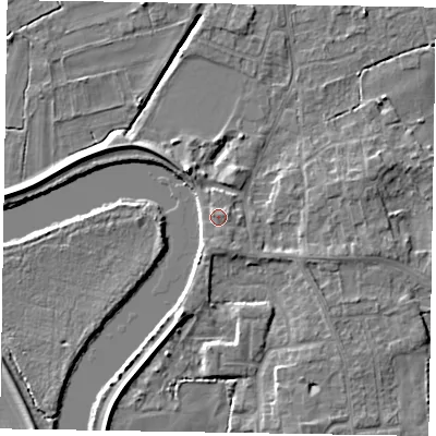 Shaded relief map of the ground around DN213AQ, computed from Environment Agency LiDAR. The ground here sits at about 6 m above sea level and falls 6 m across the surrounding 800 m. Surface water reaching this point runs off ground lying to the east-north-east, 0.9 m higher.