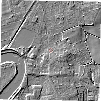 Shaded relief map of the ground around DN213AR, computed from Environment Agency LiDAR. The ground here sits at about 5 m above sea level and falls 6 m across the surrounding 800 m. Surface water reaching this point runs off ground lying to the south-east, 2.2 m higher.