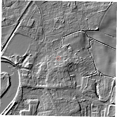 Shaded relief map of the ground around DN213AS, computed from Environment Agency LiDAR. The ground here sits at about 5 m above sea level and falls 6 m across the surrounding 800 m. Surface water reaching this point runs off ground lying to the south, 1.9 m higher.
