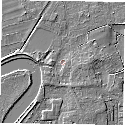 Shaded relief map of the ground around DN213AW, computed from Environment Agency LiDAR. The ground here sits at about 4 m above sea level and falls 6 m across the surrounding 800 m. Surface water reaching this point runs off ground lying to the south-east, 2.8 m higher.