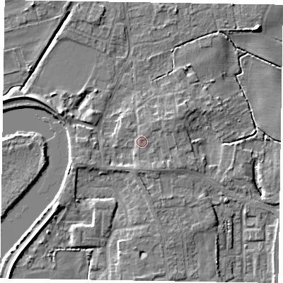 Shaded relief map of the ground around DN213BB, computed from Environment Agency LiDAR. The ground here sits at about 6 m above sea level and falls 6 m across the surrounding 800 m. Surface water reaching this point runs off ground lying to the north-east, 0.6 m higher.