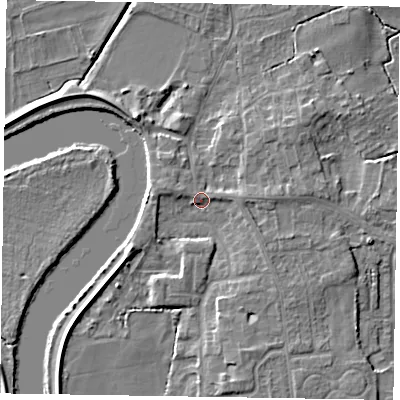 Shaded relief map of the ground around DN213BD, computed from Environment Agency LiDAR. The ground here sits at about 6 m above sea level and falls 6 m across the surrounding 800 m. Surface water reaching this point runs off ground lying to the west-north-west, 1.4 m higher.