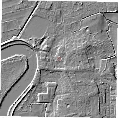 Shaded relief map of the ground around DN213BG, computed from Environment Agency LiDAR. The ground here sits at about 5 m above sea level and falls 6 m across the surrounding 800 m. Surface water reaching this point runs off ground lying to the east-south-east, 2.3 m higher.
