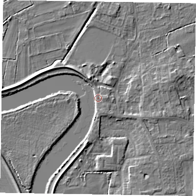 Shaded relief map of the ground around DN213BL, computed from Environment Agency LiDAR. The ground here sits at about 6 m above sea level and falls 6 m across the surrounding 800 m. Surface water reaching this point runs off ground lying to the north-north-west, 4.4 m higher.