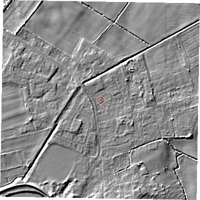 Shaded relief map of the ground around DN213BN, computed from Environment Agency LiDAR. The ground here sits at about 4 m above sea level and falls 7 m across the surrounding 800 m. Surface water reaching this point runs off ground lying to the south-west, 2.5 m higher.