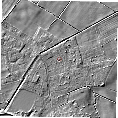 Shaded relief map of the ground around DN213BP, computed from Environment Agency LiDAR. The ground here sits at about 4 m above sea level and falls 5 m across the surrounding 800 m. Surface water reaching this point runs off ground lying to the south-west, 2.5 m higher.