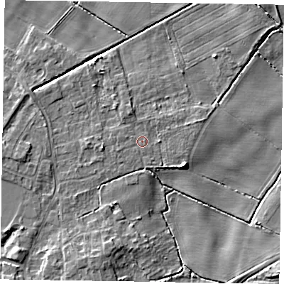 Shaded relief map of the ground around DN213BU, computed from Environment Agency LiDAR. The ground here sits at about 4 m above sea level and falls 6 m across the surrounding 800 m. Surface water reaching this point runs off ground lying to the east-south-east, 3.7 m higher.