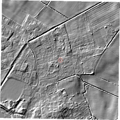 Shaded relief map of the ground around DN213BW, computed from Environment Agency LiDAR. The ground here sits at about 4 m above sea level and falls 7 m across the surrounding 800 m. Surface water reaching this point runs off ground lying to the south-south-west, 1.2 m higher.