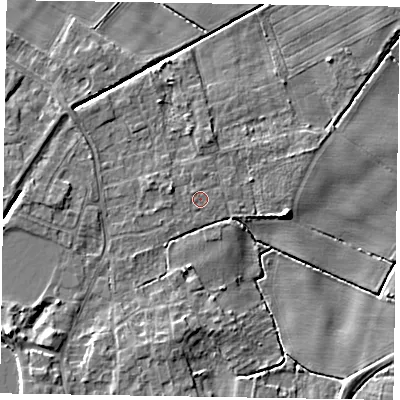 Shaded relief map of the ground around DN213BX, computed from Environment Agency LiDAR. The ground here sits at about 4 m above sea level and falls 7 m across the surrounding 800 m. Surface water reaching this point runs off ground lying to the west-north-west, 1.4 m higher.