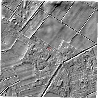 Shaded relief map of the ground around DN213BZ, computed from Environment Agency LiDAR. The ground here sits at about 3 m above sea level and falls 5 m across the surrounding 800 m. Surface water reaching this point runs off ground lying to the south-south-west, 3.0 m higher.