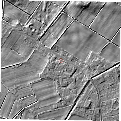 Shaded relief map of the ground around DN213DA, computed from Environment Agency LiDAR. The ground here sits at about 4 m above sea level and falls 5 m across the surrounding 800 m. Surface water reaching this point runs off ground lying to the west-south-west, 1.5 m higher.