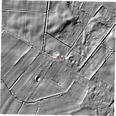 Shaded relief map of the ground around DN213DB, computed from Environment Agency LiDAR. The ground here sits at about 4 m above sea level and falls 5 m across the surrounding 800 m. Surface water reaching this point runs off ground lying to the south-south-east, 0.6 m higher.