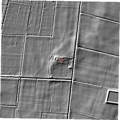 Shaded relief map of the ground around DN213DD, computed from Environment Agency LiDAR. The ground here sits at about 3 m above sea level and falls 6 m across the surrounding 800 m. Surface water reaching this point runs off ground lying to the west, 1.2 m higher.