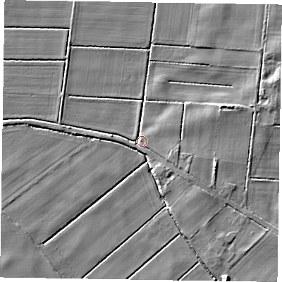 Shaded relief map of the ground around DN213DE, computed from Environment Agency LiDAR. The ground here sits at about 3 m above sea level and falls 7 m across the surrounding 800 m. Surface water reaching this point runs off ground lying to the south-east, 4.0 m higher.