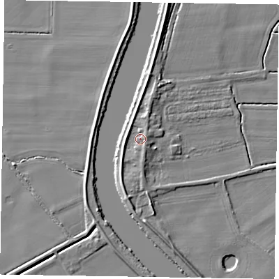 Shaded relief map of the ground around DN213DF, computed from Environment Agency LiDAR. The ground here sits at about 6 m above sea level and falls 6 m across the surrounding 800 m. Surface water reaching this point runs off ground lying to the east-south-east, 2.1 m higher.