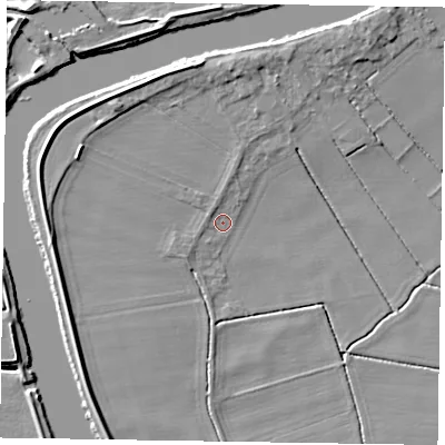 Shaded relief map of the ground around DN213DG, computed from Environment Agency LiDAR. The ground here sits at about 2 m above sea level and falls 9 m across the surrounding 800 m. Surface water reaching this point runs off ground lying to the north-north-west, 1.4 m higher.