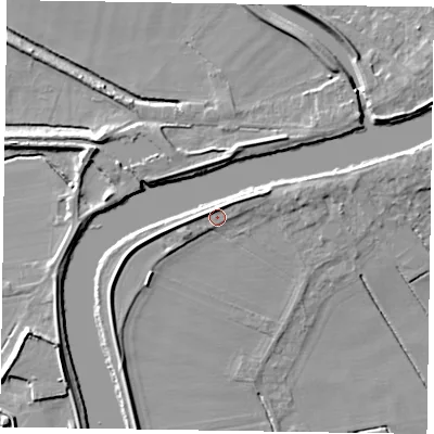 Shaded relief map of the ground around DN213DH, computed from Environment Agency LiDAR. The ground here sits at about 5 m above sea level and falls 8 m across the surrounding 800 m. Surface water reaching this point runs off ground lying to the west, 2.4 m higher.