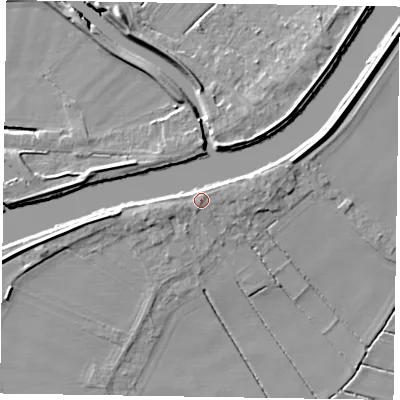 Shaded relief map of the ground around DN213DJ, computed from Environment Agency LiDAR. The ground here sits at about 6 m above sea level and falls 8 m across the surrounding 800 m. Surface water reaching this point runs off ground lying to the north-east, 3.4 m higher.