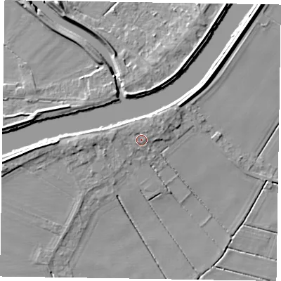Shaded relief map of the ground around DN213DL, computed from Environment Agency LiDAR. The ground here sits at about 4 m above sea level and falls 8 m across the surrounding 800 m. Surface water reaching this point runs off ground lying to the west-north-west, 1.3 m higher.
