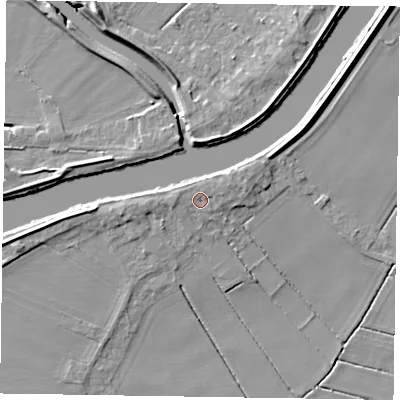 Shaded relief map of the ground around DN213DN, computed from Environment Agency LiDAR. The ground here sits at about 5 m above sea level and falls 8 m across the surrounding 800 m. Surface water reaching this point runs off ground lying to the west, 1.2 m higher.