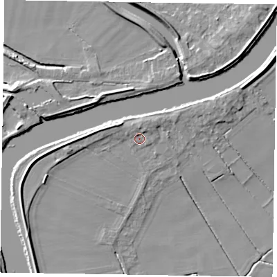 Shaded relief map of the ground around DN213DQ, computed from Environment Agency LiDAR. The ground here sits at about 4 m above sea level and falls 8 m across the surrounding 800 m. Surface water reaching this point runs off ground lying to the north, 2.1 m higher.
