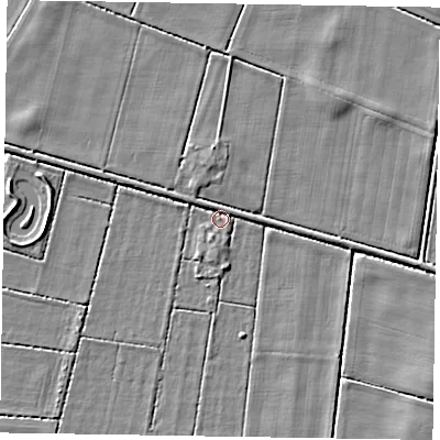 Shaded relief map of the ground around DN213DR, computed from Environment Agency LiDAR. The ground here sits at about 1 m above sea level and falls 3 m across the surrounding 800 m. Surface water reaching this point runs off ground lying to the south, 1.5 m higher.
