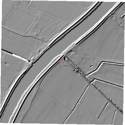 Shaded relief map of the ground around DN213DS, computed from Environment Agency LiDAR. The ground here sits at about 4 m above sea level and falls 7 m across the surrounding 800 m. Surface water reaching this point runs off ground lying to the north, 1.8 m higher.