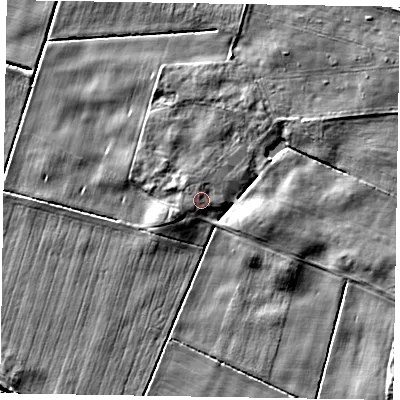 Shaded relief map of the ground around DN213DT, computed from Environment Agency LiDAR. The ground here sits at about 4 m above sea level and falls 6 m across the surrounding 800 m. Surface water reaching this point runs off ground lying to the north-north-west, 1.2 m higher.