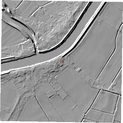Shaded relief map of the ground around DN213DW, computed from Environment Agency LiDAR. The ground here sits at about 5 m above sea level and falls 8 m across the surrounding 800 m. Surface water reaching this point runs off ground lying to the west, 1.9 m higher.