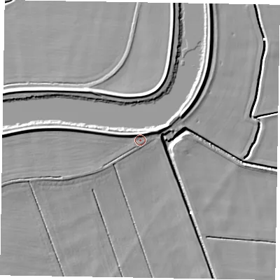 Shaded relief map of the ground around DN213DY, computed from Environment Agency LiDAR. The ground here sits at about 4 m above sea level and falls 7 m across the surrounding 800 m. Surface water reaching this point runs off ground lying to the north-east, 3.2 m higher.