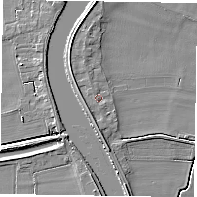 Shaded relief map of the ground around DN213DZ, computed from Environment Agency LiDAR. The ground here sits at about 5 m above sea level and falls 7 m across the surrounding 800 m. Surface water reaching this point runs off ground lying to the south-south-west, 1.2 m higher.