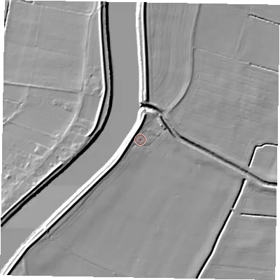Shaded relief map of the ground around DN213EA, computed from Environment Agency LiDAR. The ground here sits at about 4 m above sea level and falls 7 m across the surrounding 800 m. Surface water reaching this point runs off ground lying to the west, 3.1 m higher.
