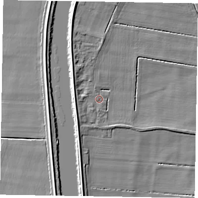 Shaded relief map of the ground around DN213EB, computed from Environment Agency LiDAR. The ground here sits at about 4 m above sea level and falls 6 m across the surrounding 800 m. Surface water reaching this point runs off ground lying to the south-west, 3.3 m higher.