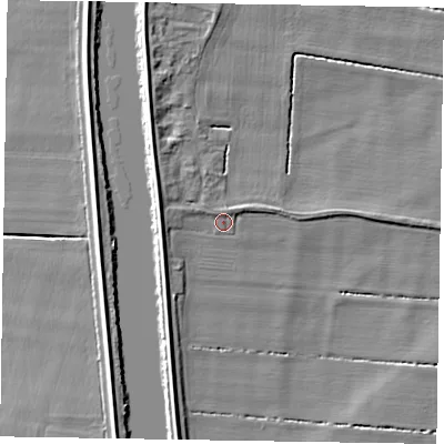 Shaded relief map of the ground around DN213ED, computed from Environment Agency LiDAR. The ground here sits at about 4 m above sea level and falls 6 m across the surrounding 800 m. Surface water reaching this point runs off ground lying to the west-south-west, 3.4 m higher.
