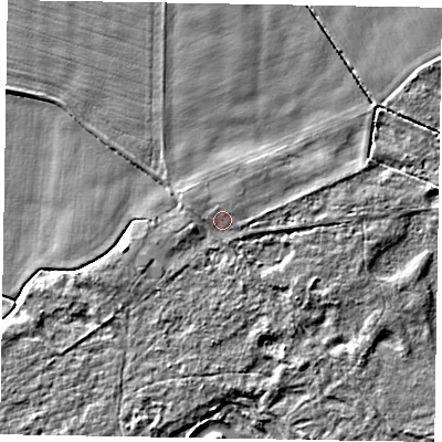 Shaded relief map of the ground around DN213EE, computed from Environment Agency LiDAR. The ground here sits at about 4 m above sea level and falls 6 m across the surrounding 800 m. Surface water reaching this point runs off ground lying to the west-south-west, 2.3 m higher.