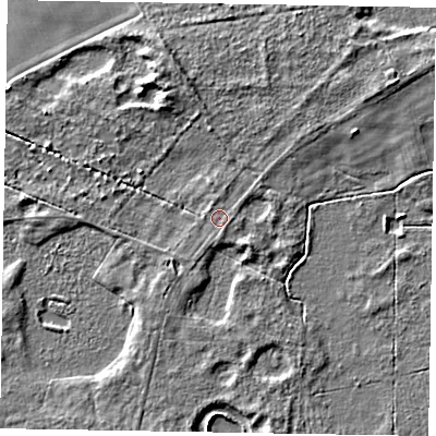 Shaded relief map of the ground around DN213EF, computed from Environment Agency LiDAR. The ground here sits at about 3 m above sea level and falls 4 m across the surrounding 800 m. Surface water reaching this point runs off ground lying to the south-east, 0.6 m higher.